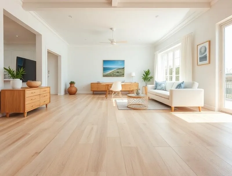 Coastal blonde hybrid flooring in a waterfront home