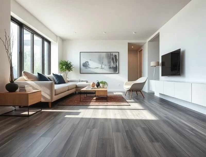 Grey hybrid flooring in a family living room