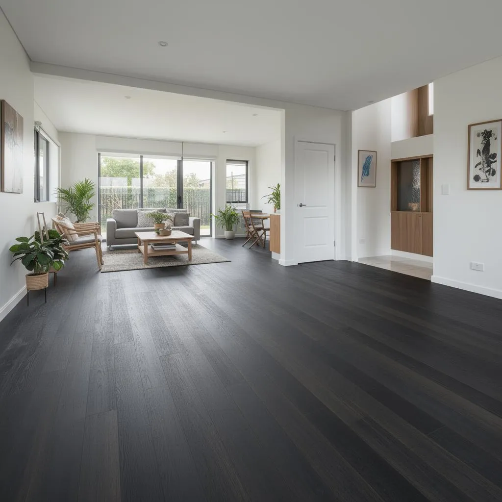 Timber flooring through a kitchen and dining area