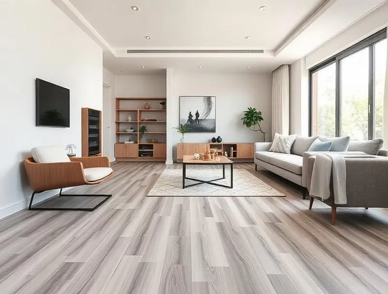 Grey vinyl plank flooring in a rental home